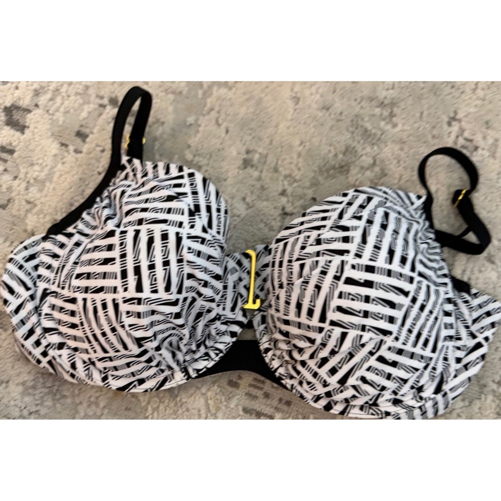 Black and White Geometric Abstract Underwire Bikini Top with Gold Hardware 34DD